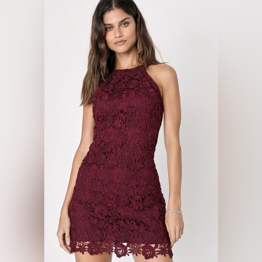 Small Lulu’s Burgundy Lace Halter Mini Dress